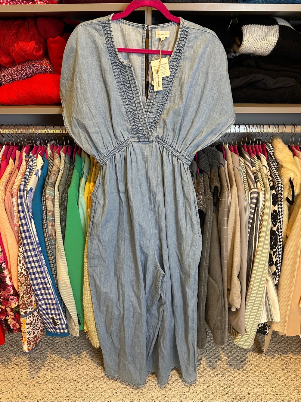 World Market blue dolman sleeve elastic waist v neck jean jumpsuit size S/M NWT